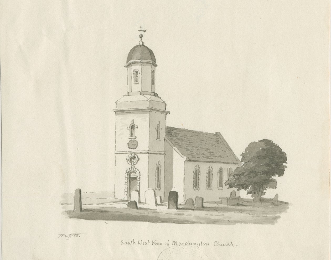 Marchington Church: sepia wash tekening, 1836 door Thomas Peploe Wood