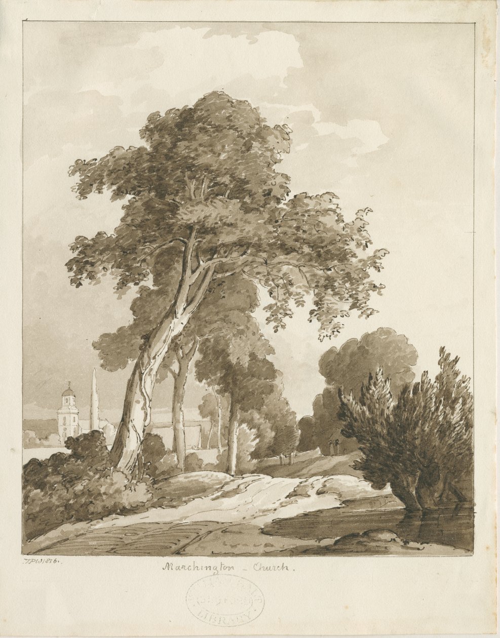 Marchington Church: sepia wash tekening, 1836 door Thomas Peploe Wood