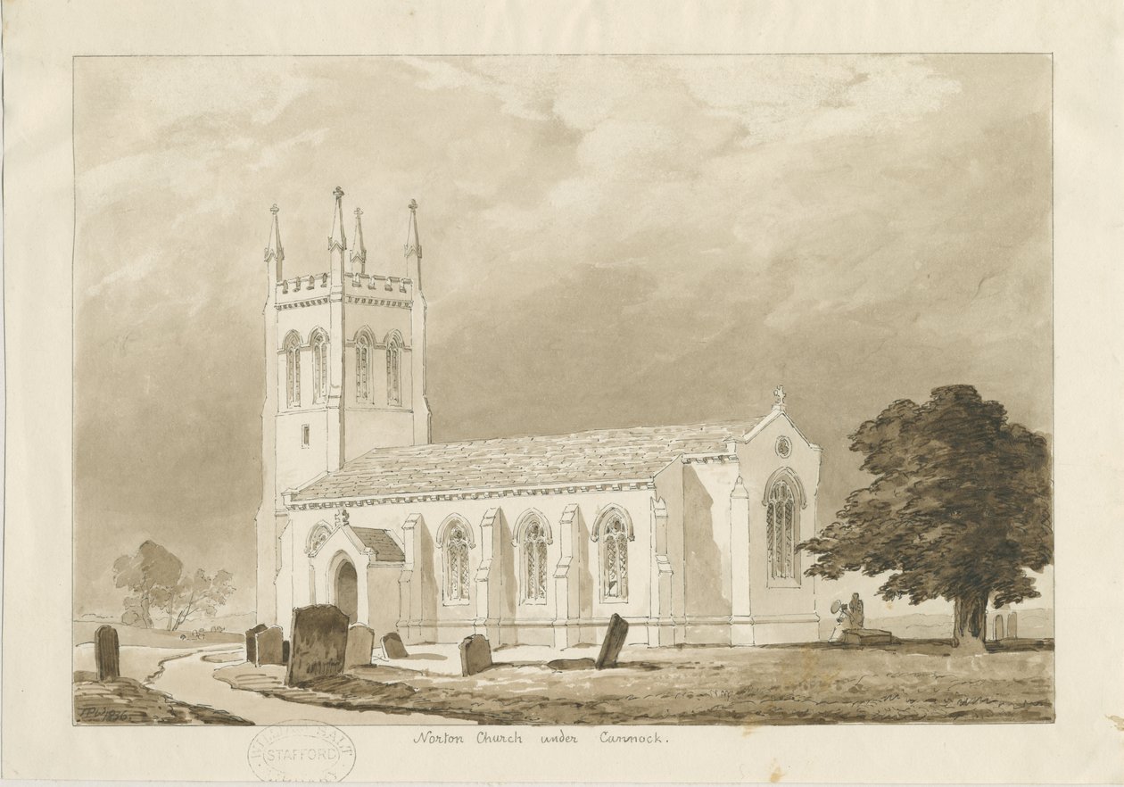 Norton Canes Kerk: sepia wassing tekening door Thomas Peploe Wood