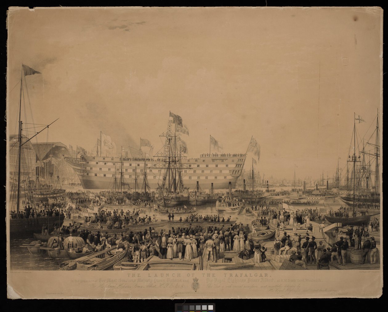 De lancering van de Trafalgar, in aanwezigheid van Hare Majesteit Koningin Victoria en Zijne Koninklijke Hoogheid Prins Albert, bij H.M. Dock Yard, Woolwich door Thomas Picken