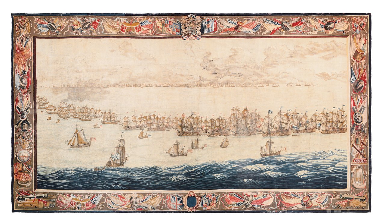 Historisch wandtapijt van de Slag bij Solebay, Mortlake, ontwerpen toegeschreven aan William van de Velde, ca. 1688 door Thomas Poyntz