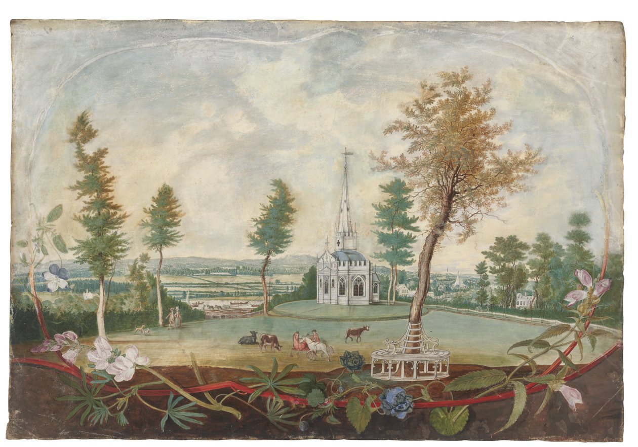 Een gotische kapel in een uitgestrekt park, in een cartouche versierd met snijbloemen door Thomas Robins