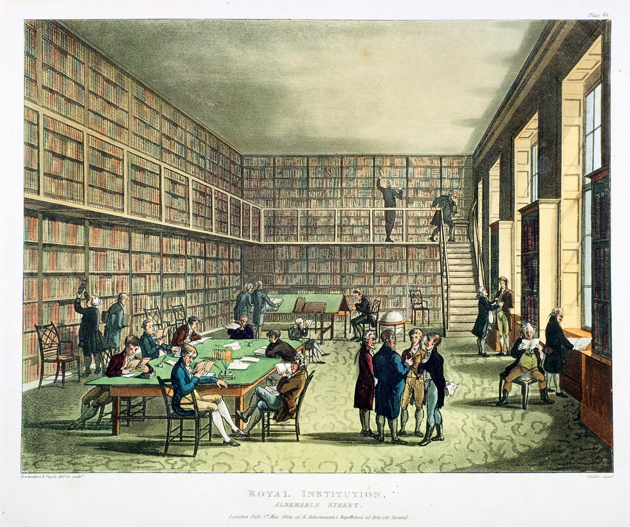 Bibliotheek van de Koninklijke Instelling, Albermarle Street, Londen door Thomas Rowlandson, Augustus Charles Pugin