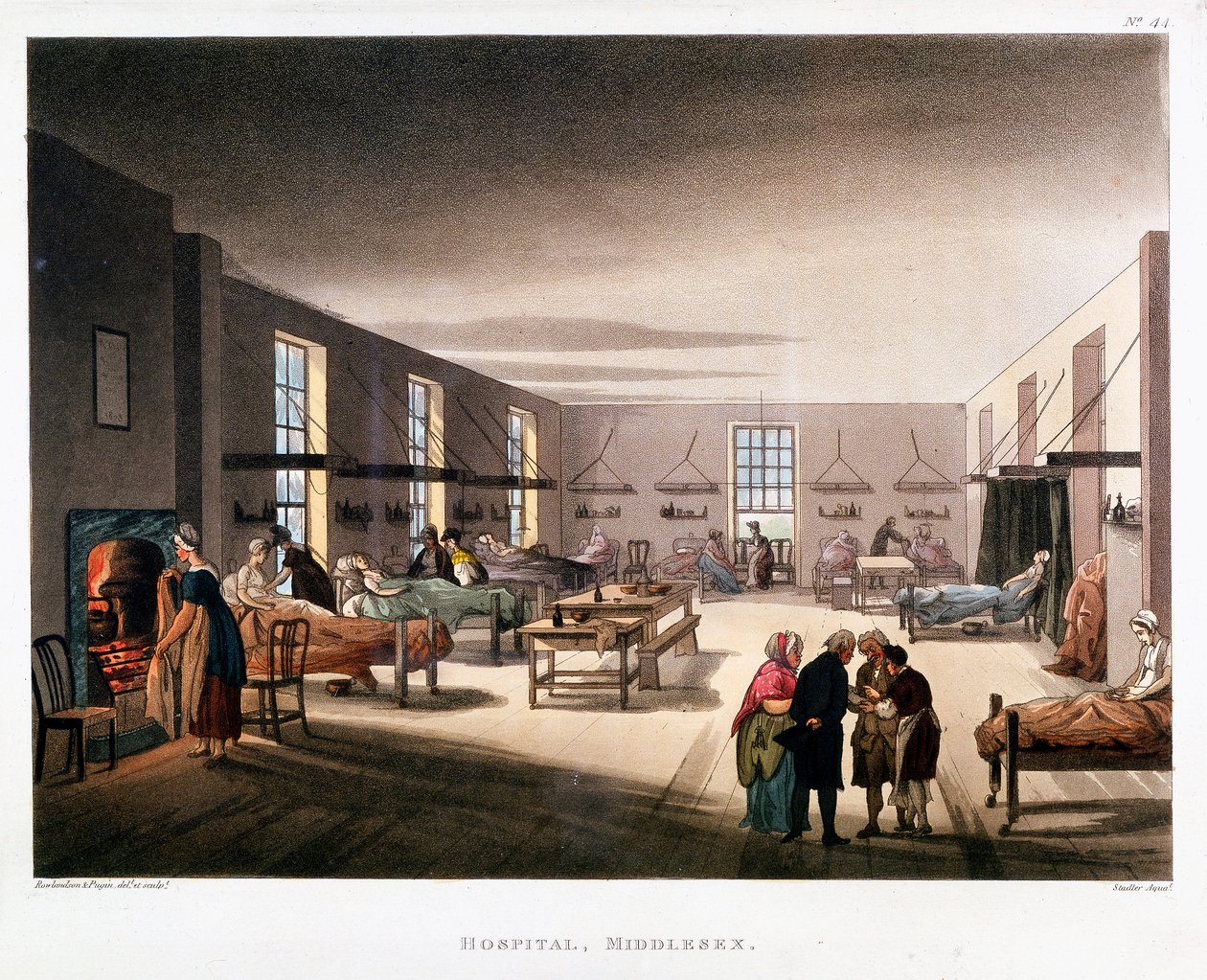 Vrouwenafdeling in het Middlesex Hospital, Londen door Thomas Rowlandson, Augustus Charles Pugin