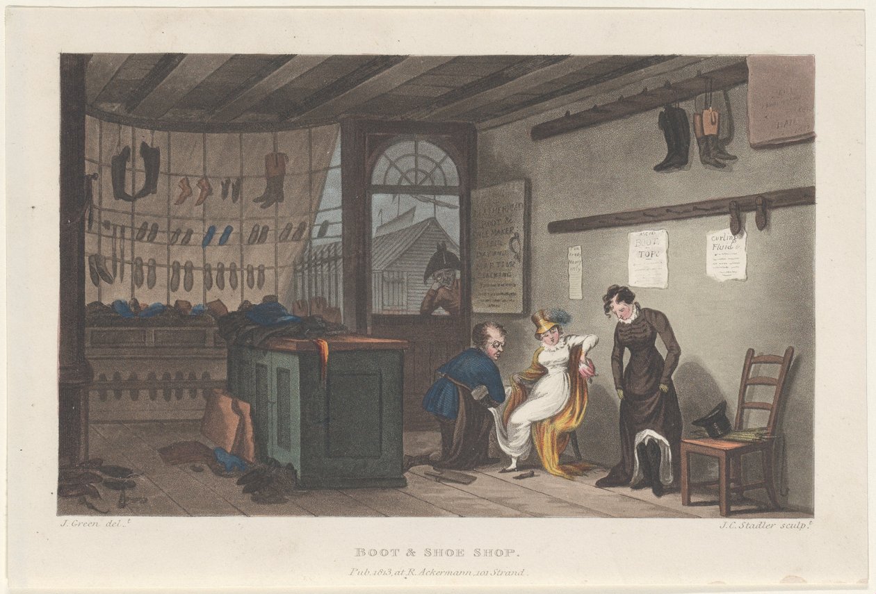 Boot & Shoe Shop, uit Poetical Sketches of Scarborough, 1813 door Thomas Rowlandson, Joseph Constantine Stadler, J. Bluck