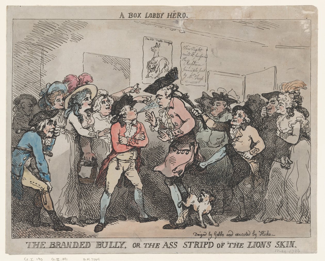 Een held uit de Box Lobby, De gebrandmerkte pestkop, of De ezel ontdaan van de leeuwenhuid. door Thomas Rowlandson