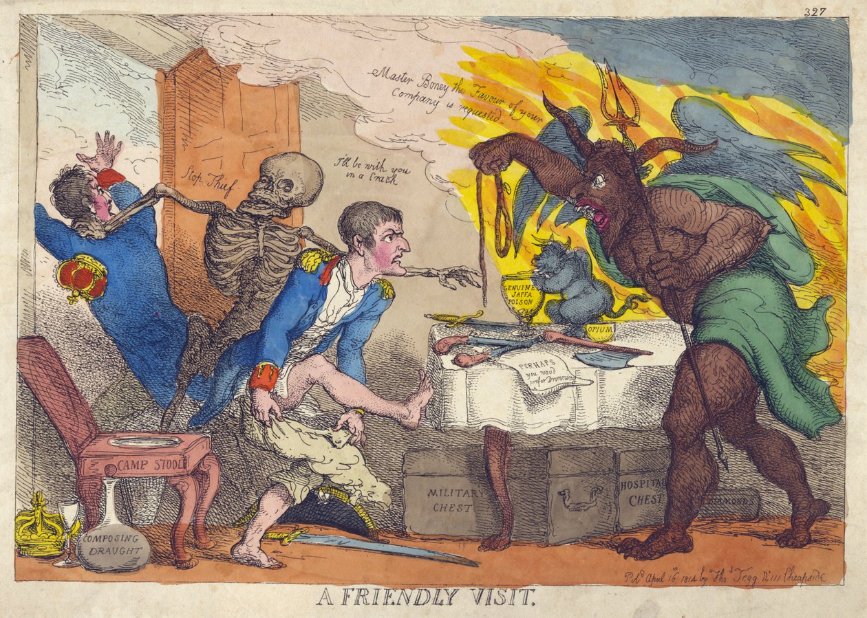 A FRIENDLY VISIT, Satire op Napoleons nederlaag, troonsafstand en terugtrekking naar Elba door Thomas Rowlandson