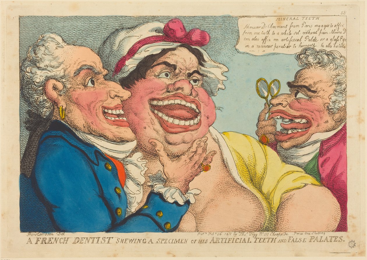 Een Franse tandarts die een exemplaar van zijn kunsttanden en kunstgehemeltes laat zien door Thomas Rowlandson