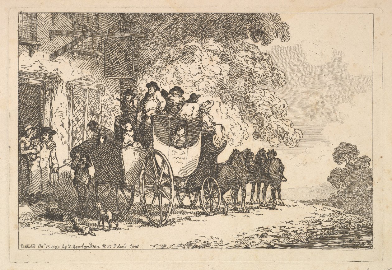 Een volgeladen postkoets voor een poststation door Thomas Rowlandson