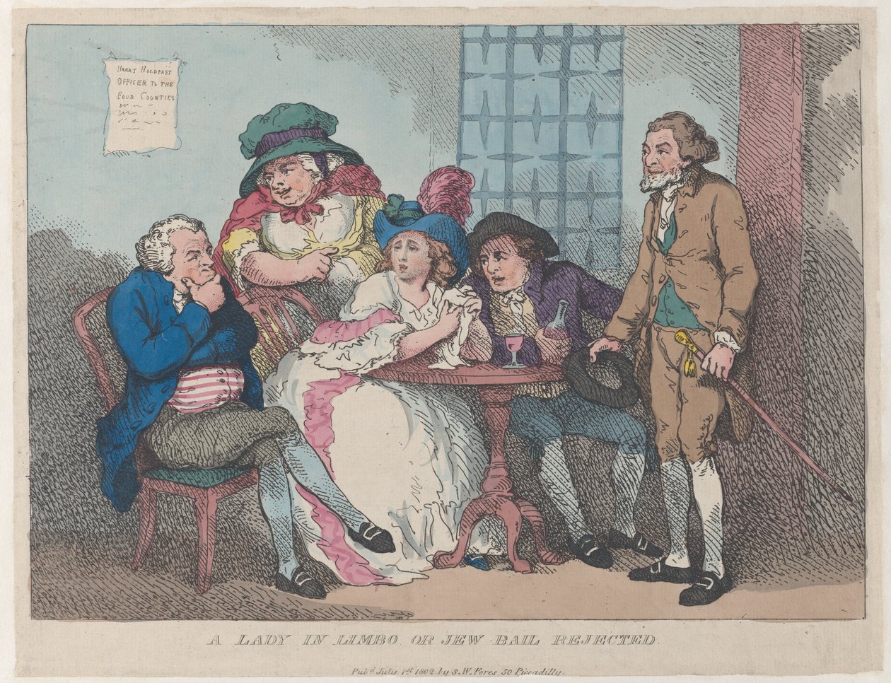 Een dame in Limbo, of Joodse borgtocht afgewezen, 1 juli 1802 door Thomas Rowlandson
