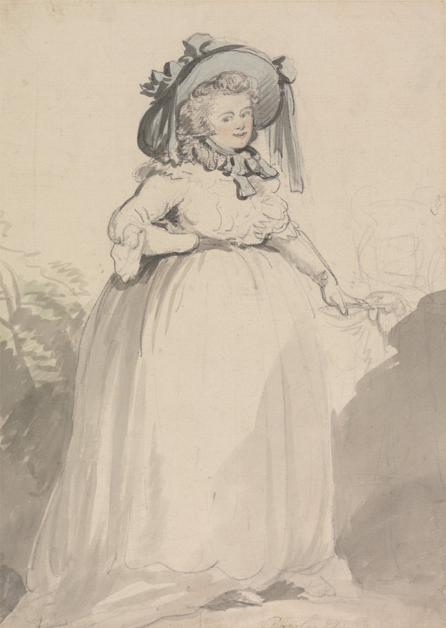 Een dame in een witte jurk, met een blauwe hoed op door Thomas Rowlandson