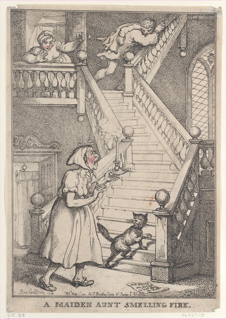 Een oude vrijster ruikt vuur, [1 mei 1806], heruitgegeven 1 mei 1812 door Thomas Rowlandson