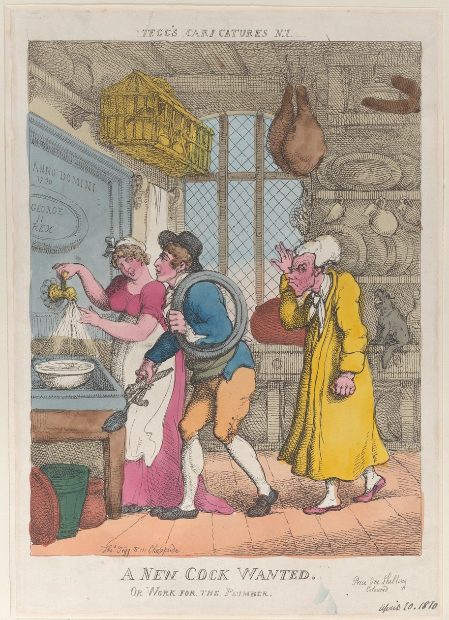 Een Nieuwe Haan Gezocht, of Werk voor de Loodgieter, 20 april 1810 door Thomas Rowlandson