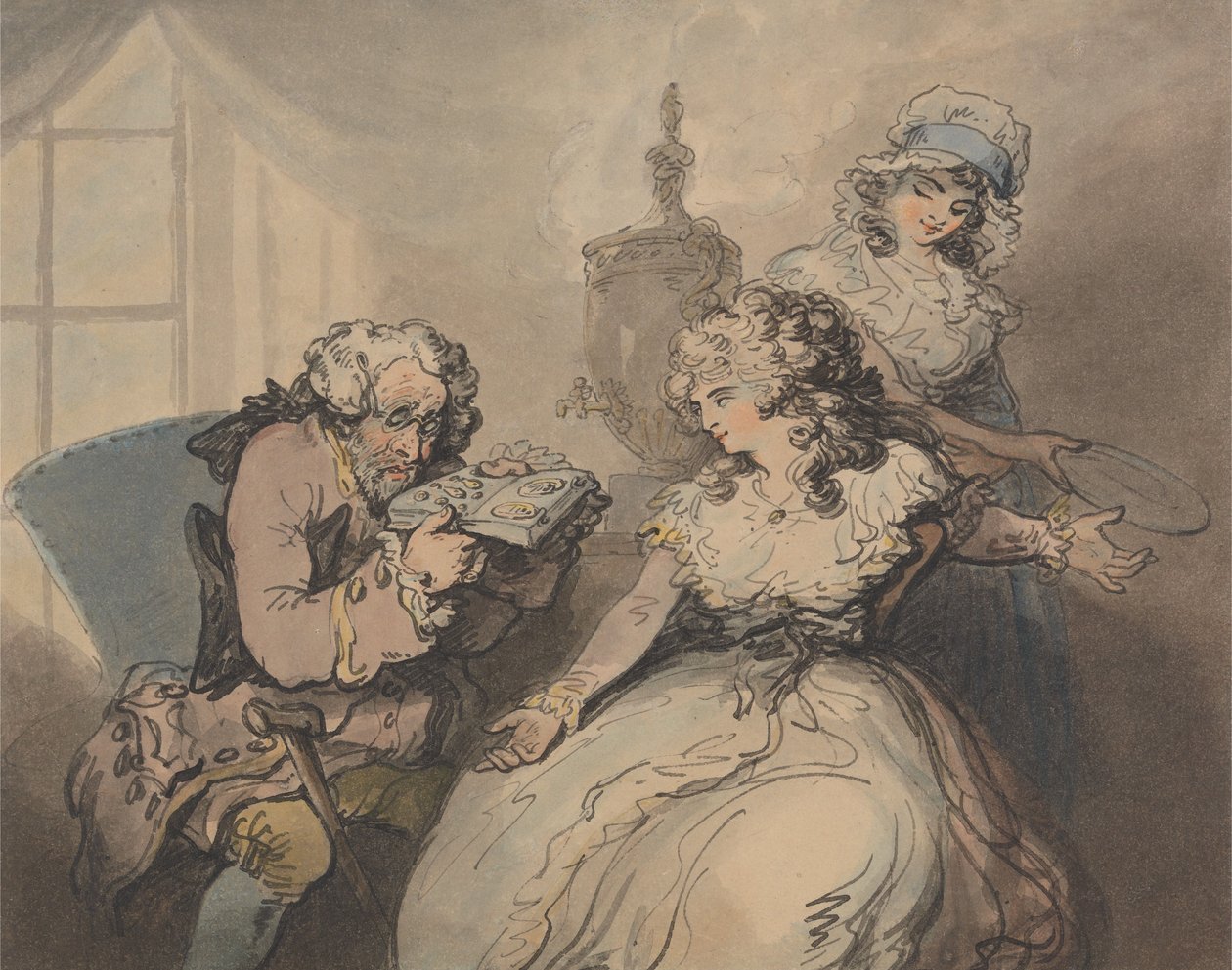 Een pandjeshuishouder met zijn klant door Thomas Rowlandson
