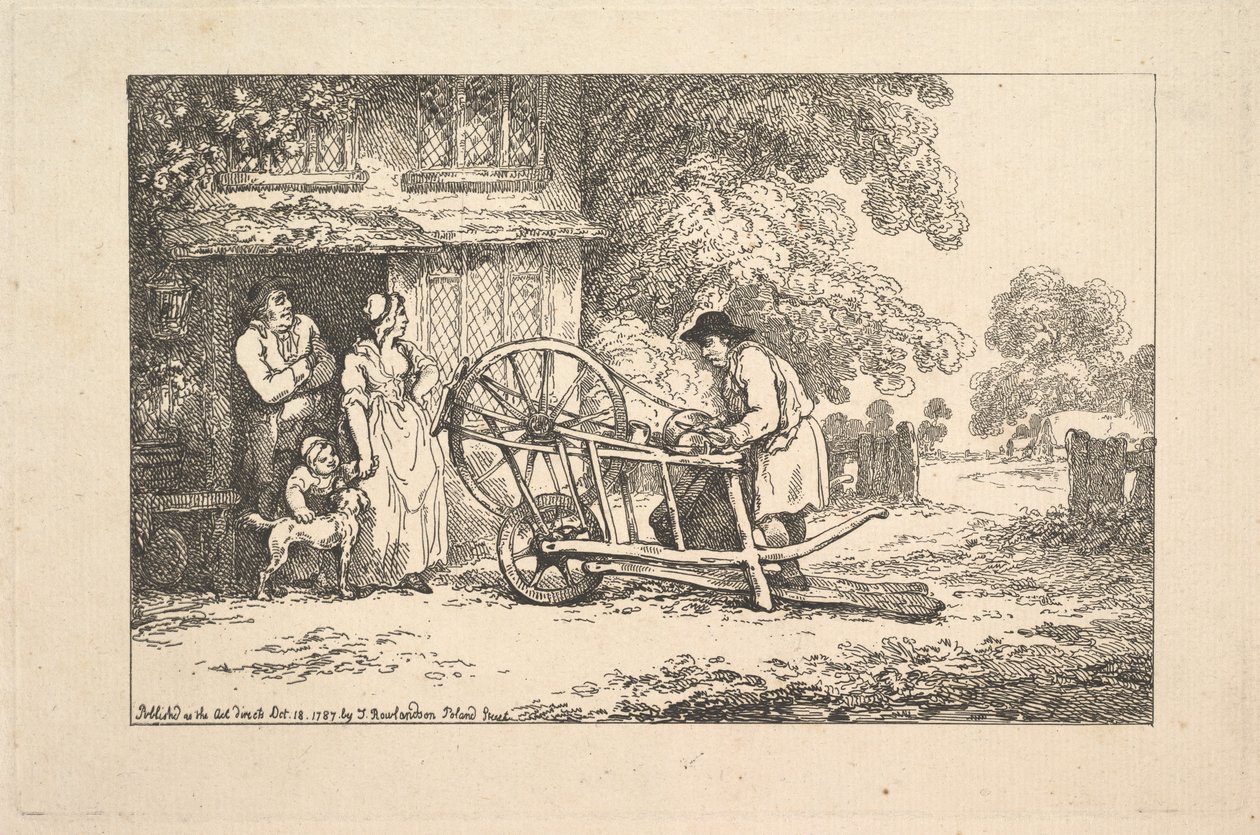 Een rondtrekkende messenslijper voor de deur van een huisje door Thomas Rowlandson