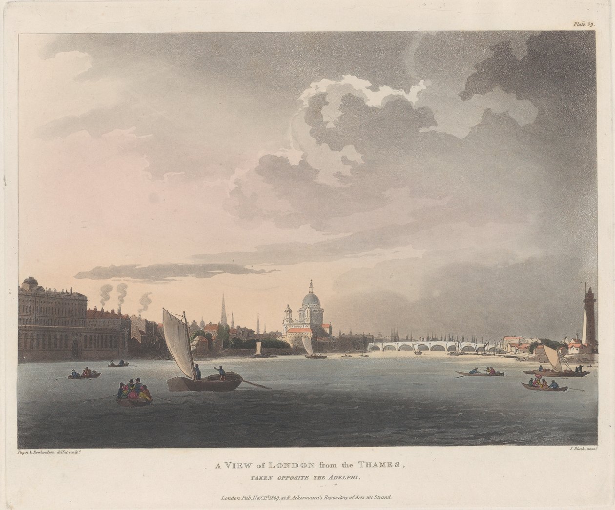 Een Uitzicht op Londen vanaf de Theems, 1 november 1809 door Thomas Rowlandson