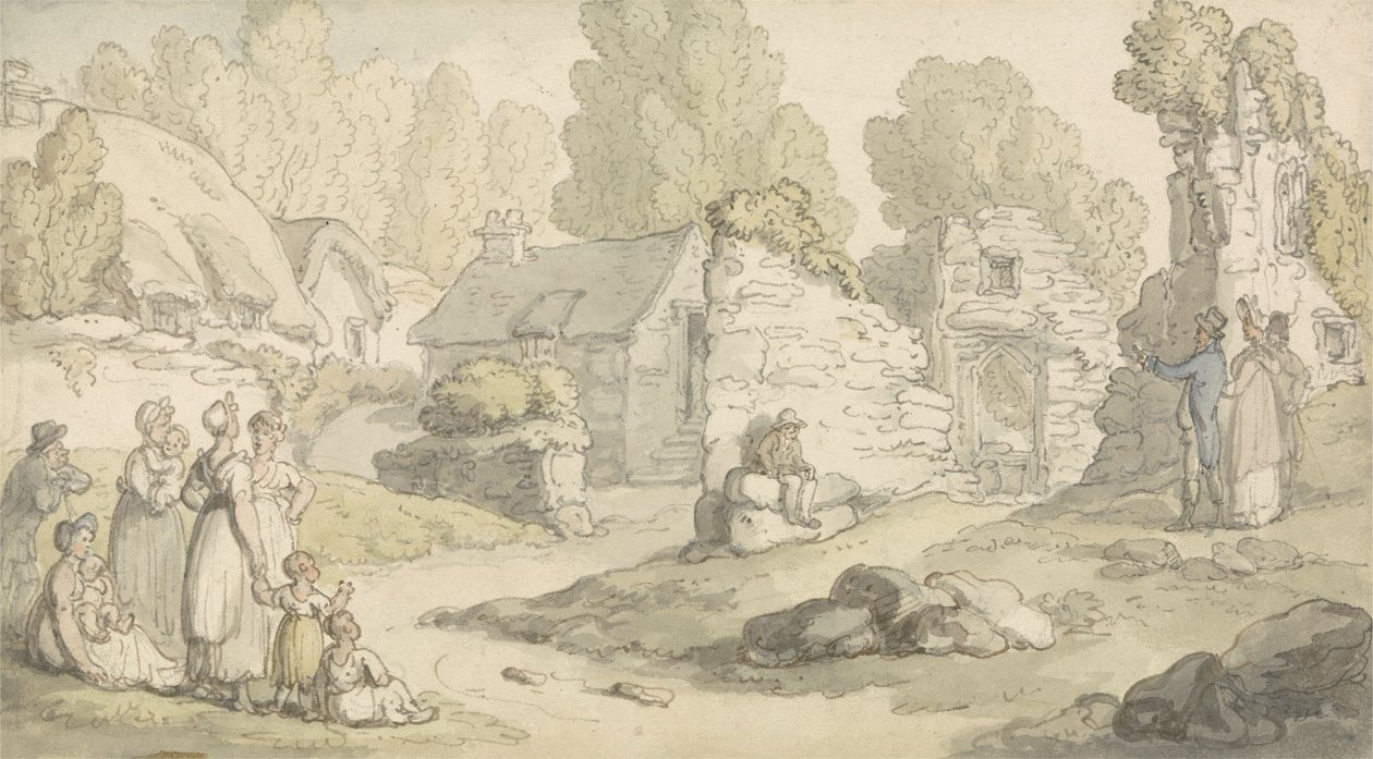Een Dorpsscène met Figuren en Verwoeste Gebouwen door Thomas Rowlandson
