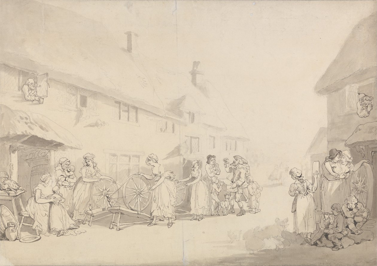 Een dorpstafereel met spinnende meisjes door Thomas Rowlandson