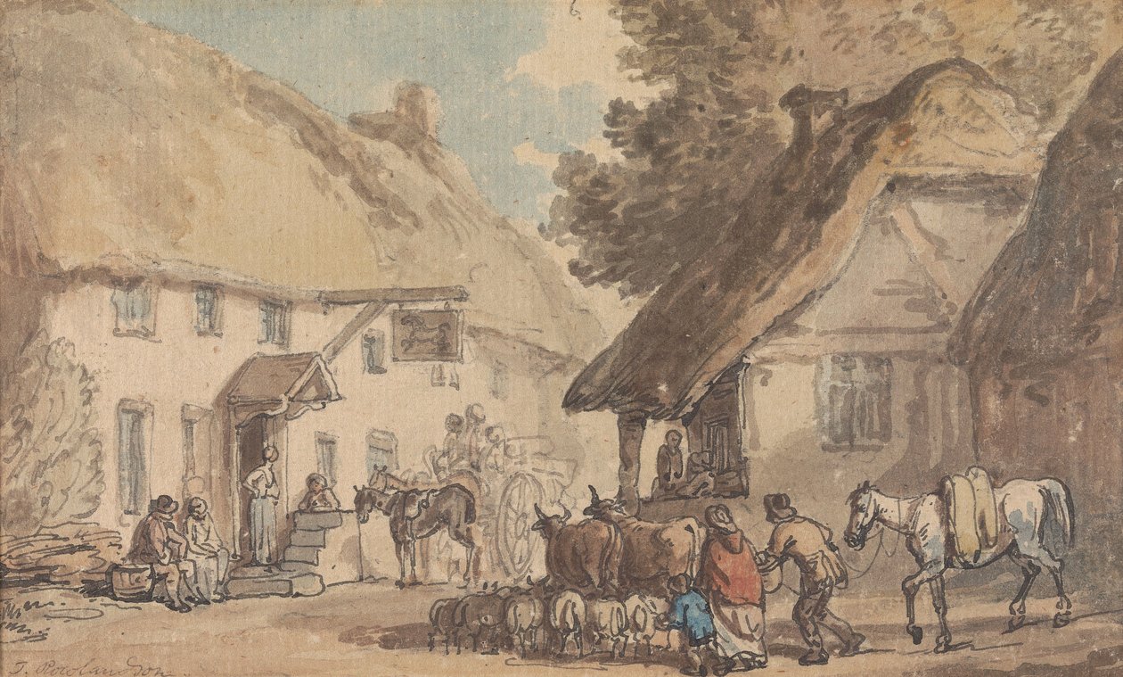 Een dorpsstraat waar vee en schapen doorheen worden gedreven door Thomas Rowlandson