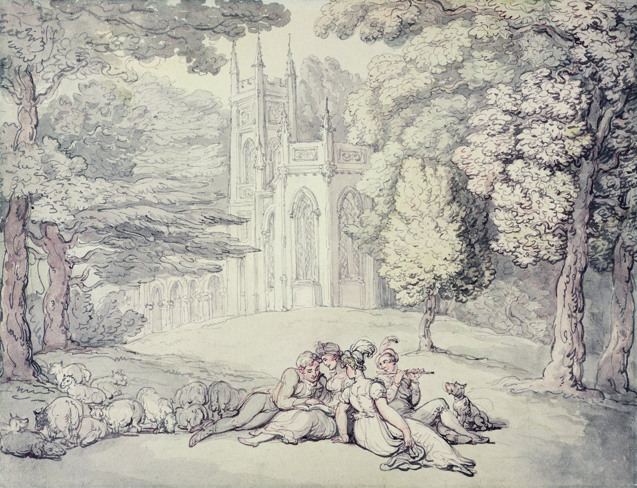 Een College Groen met een Groep Jonge Dames en Heren op de Voorgrond door Thomas Rowlandson