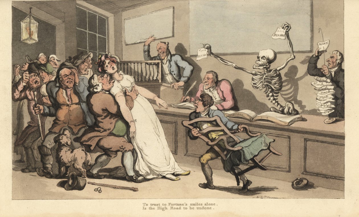 Een vrouw sterft van schrik bij het zien van een blanco stuk papier dat door het skelet van de Dood in een loterijkantoor wordt getoond. Handgekleurde kopergravure getekend en gegraveerd door Thomas Rowlandson uit The English Dance of Death, Ackermann, Lon door Thomas Rowlandson