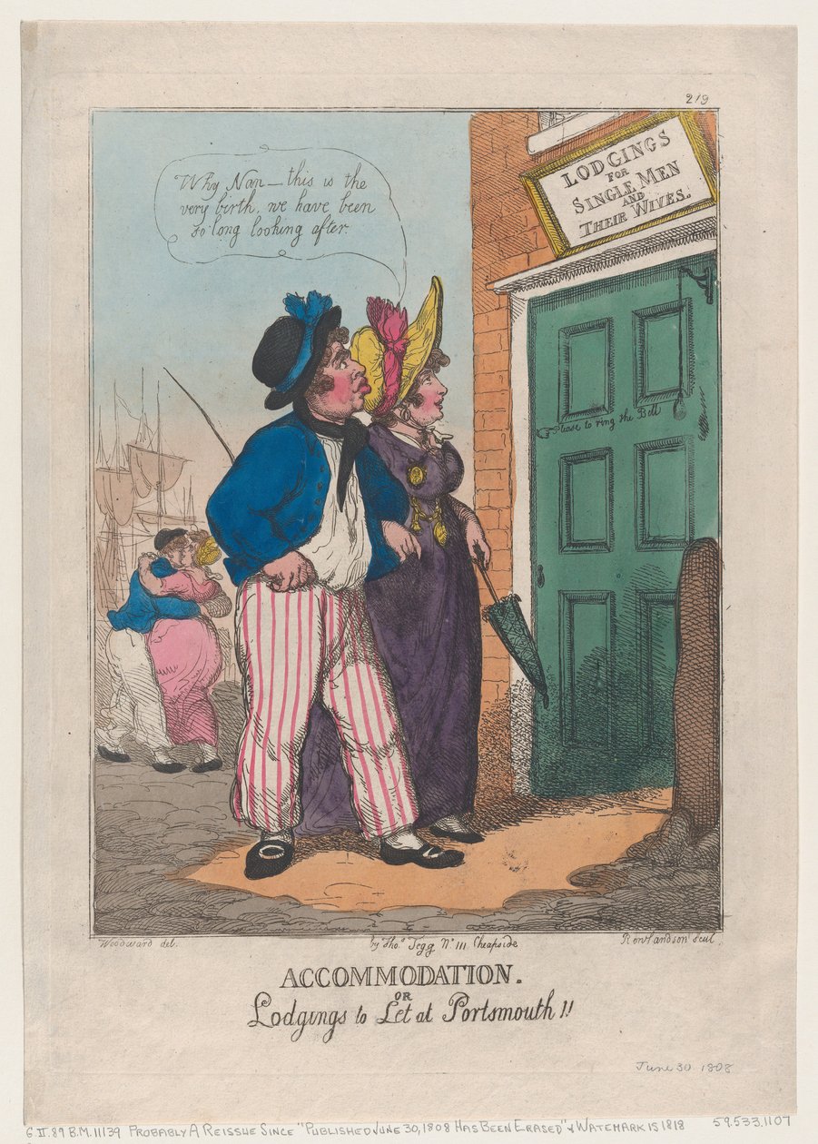 Accommodatie, of kamers te huur in Portsmouth!!, 30 juni 1808 door Thomas Rowlandson
