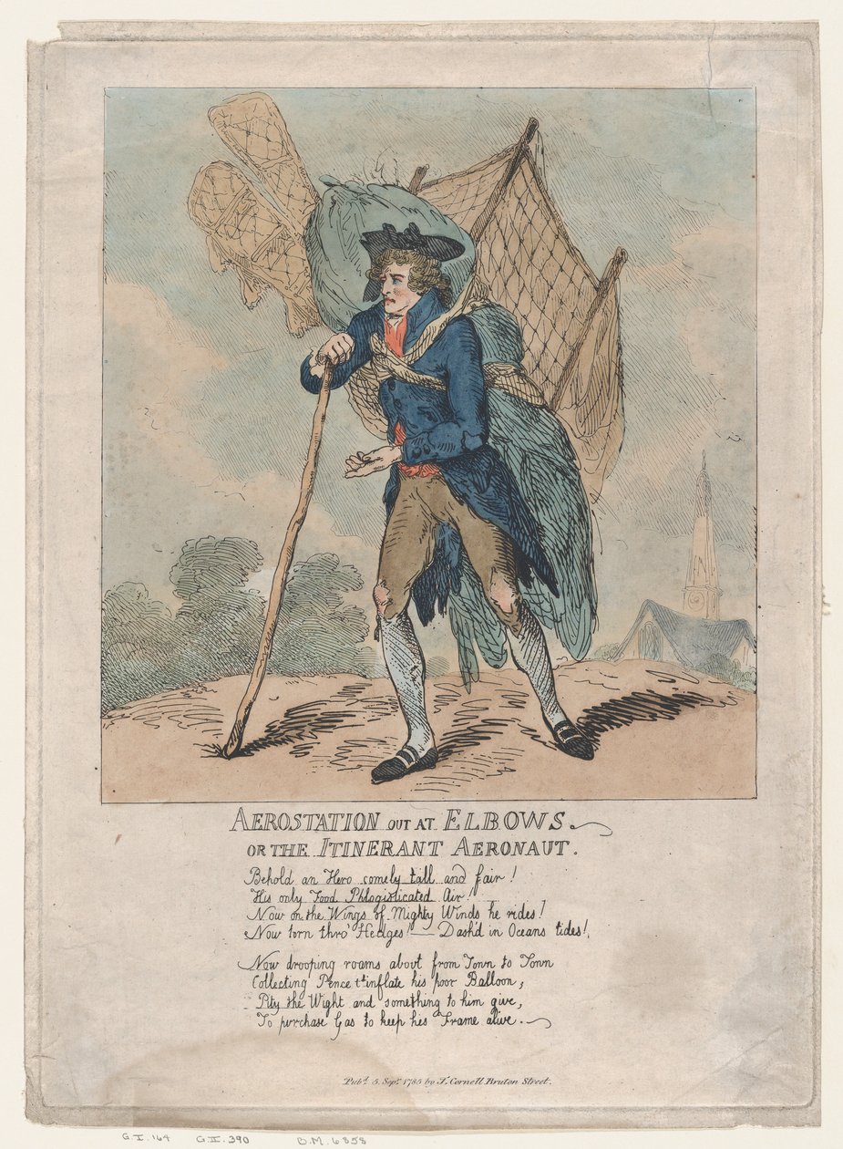 Aerostation uit bij Elbows, of De rondreizende luchtschipvaarder, 5 september 1785 door Thomas Rowlandson