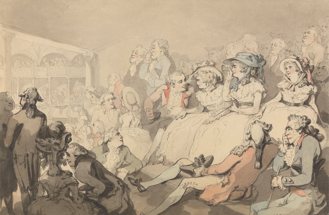 Een publiek dat naar een toneelstuk kijkt in het Drury Lane Theatre door Thomas Rowlandson