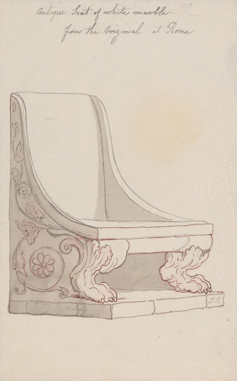 Antieke stoel van wit marmer, naar het origineel in Rome door Thomas Rowlandson