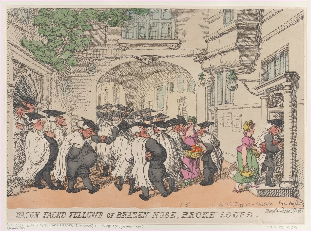 Bacon Faced Fellows van Brazen Nose, losgebroken, 1811 door Thomas Rowlandson