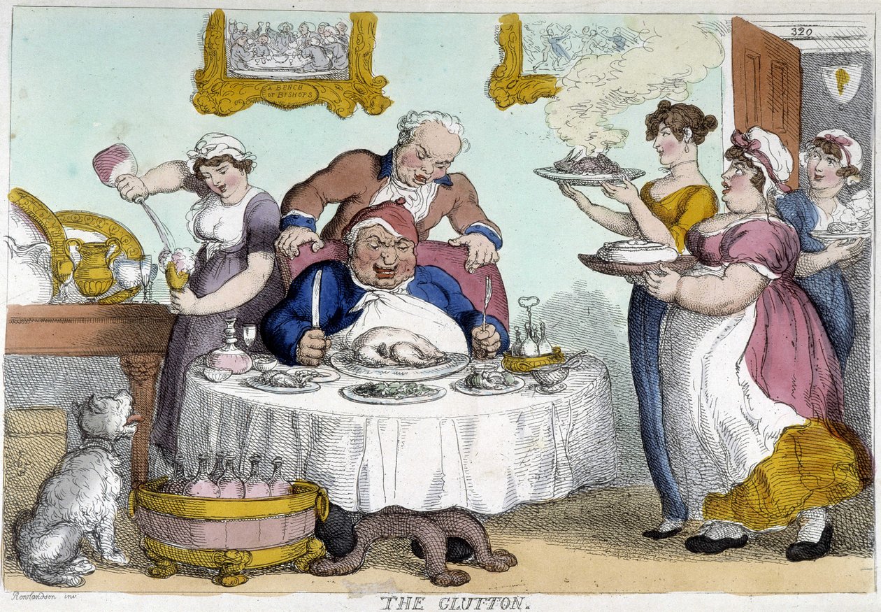 Bourgeois voor een overvloedige maaltijd geserveerd door vele bedienden - karikatuur door Rowlandson door Thomas Rowlandson