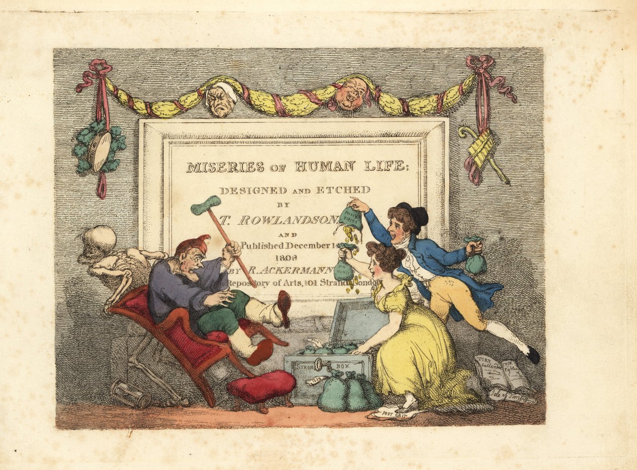Kalligrafische titelpagina met vignette van het skelet van de dood door Thomas Rowlandson
