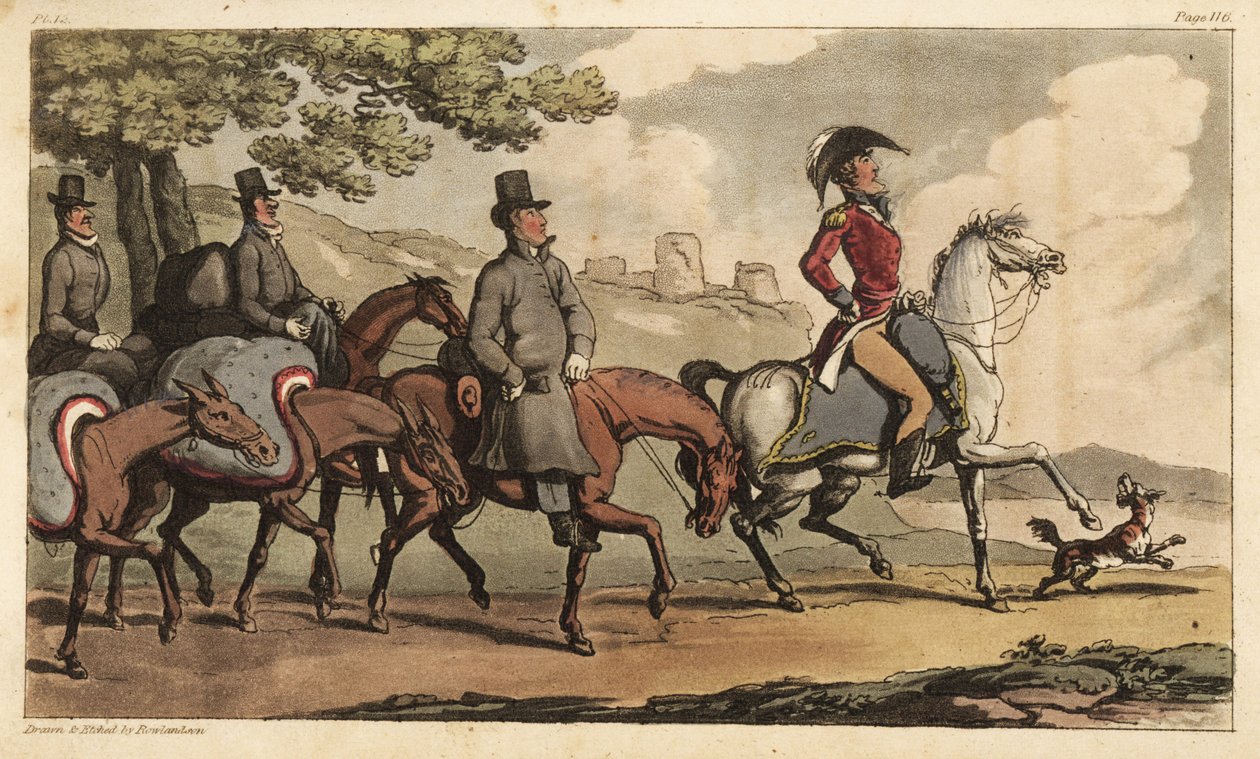 Kapitein Johnny Newcome en zijn bedienden met pakpaarden op weg naar Santarem, Portugal, om terug te keren naar de Peninsula Campaign. Handgekleurde kopergravure getekend en geëtst door Thomas Rowlandson uit Colonel David Roberts