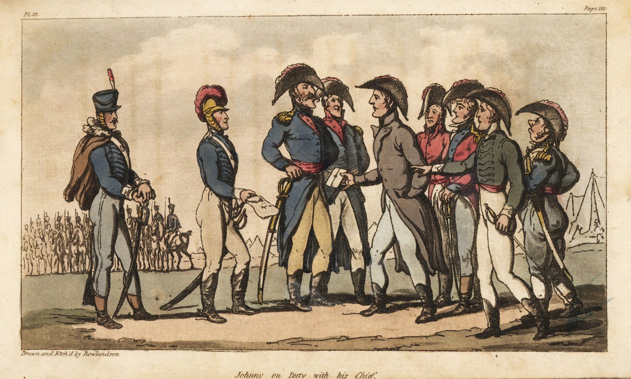 Kapitein Johnny Newcome in dienst als Adjudant van de Hertog van Wellington tijdens de Peninsula Campagne. Handgekleurde kopergravure getekend en geëtst door Thomas Rowlandson uit Kolonel David Roberts