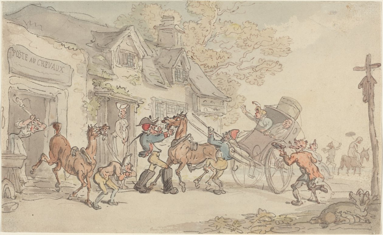Paarden Wisselen bij een Posthuis in Frankrijk door Thomas Rowlandson