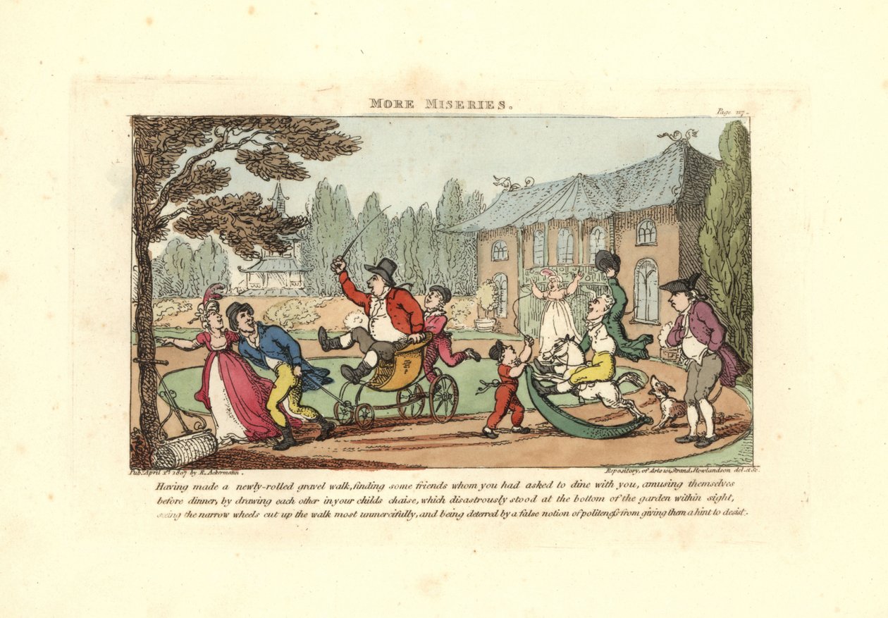 Kinderen spelen op karren op een pas aangelegde grindoprit door Thomas Rowlandson