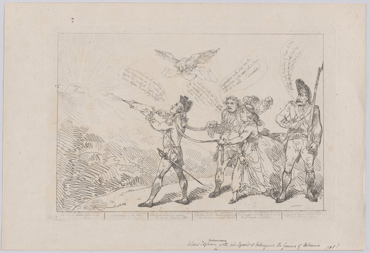 [Kol. Topham probeert, met zijn spuit, de genialiteit van Holma te doven... door Thomas Rowlandson