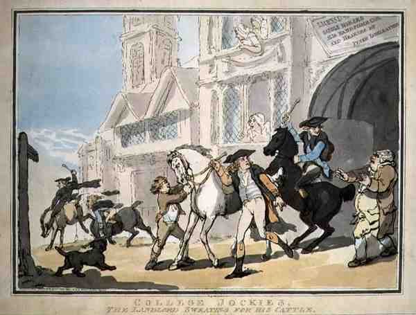 "College Jockies, De herbergier zweet voor zijn vee", uitgegeven door E. Jackson door Thomas Rowlandson