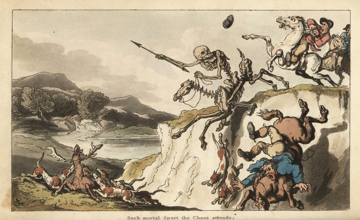 De skelet van de Dood op een skeletpaard rijdt over een klif terwijl een ongelukkige jager en zijn honden naar hun dood vallen door Thomas Rowlandson