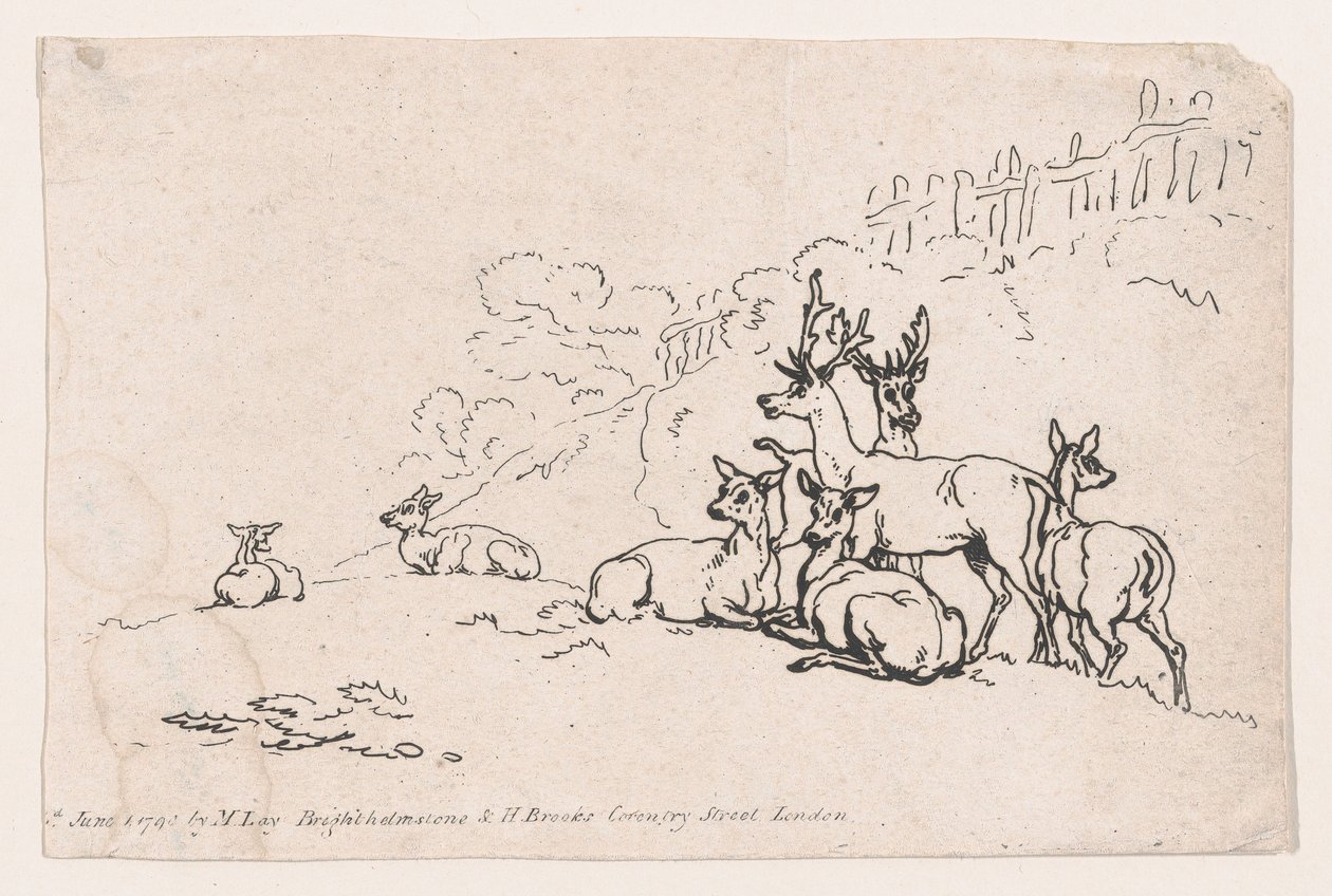 Herten van Plaat 3, Contouren van Figuren, Landschappen en Vee...voor het Gebruik van Le... door Thomas Rowlandson