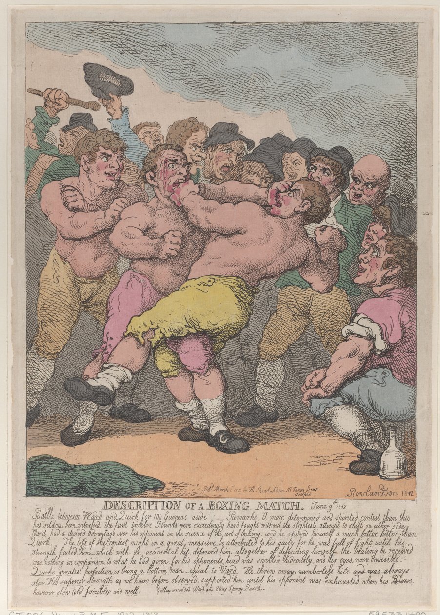 Beschrijving van een bokswedstrijd tussen Ward en Quirk voor 100 Guineas per kant, maart 1812 door Thomas Rowlandson