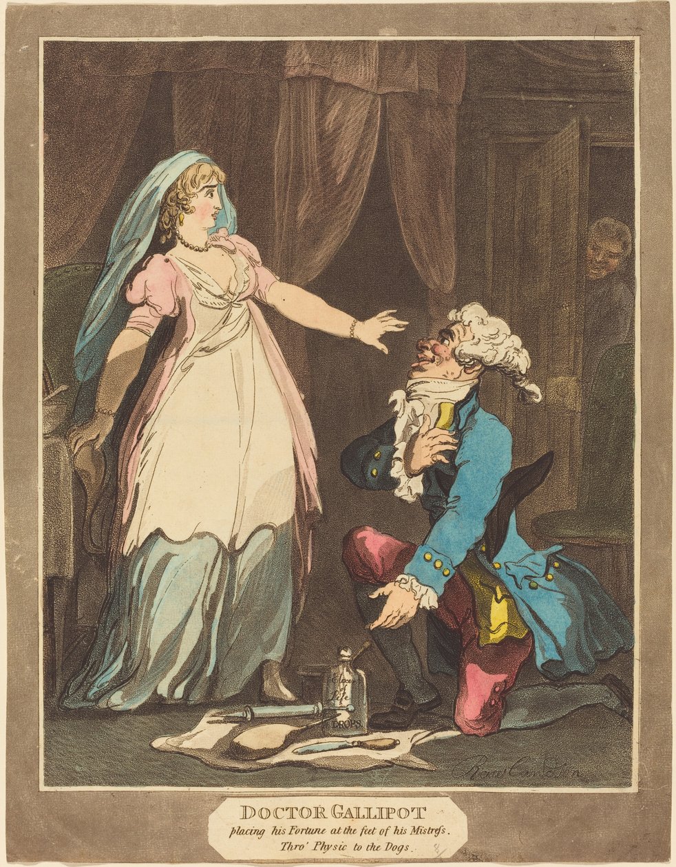Dokter Gallipot die zijn fortuin aan de voeten van zijn minnares legt door Thomas Rowlandson