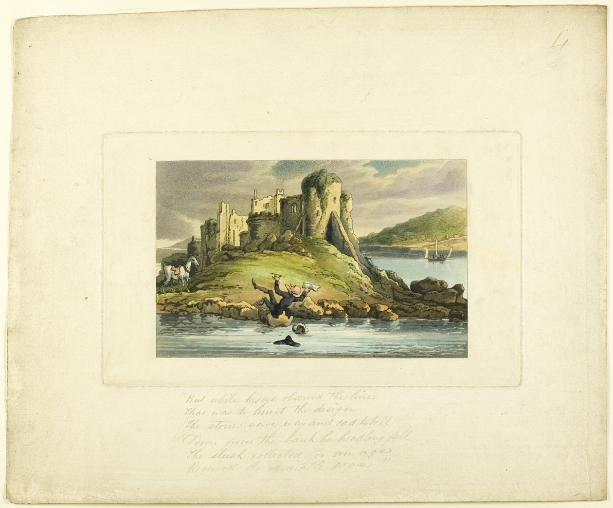 Doctor Syntax valt in het water, uit De Tour van Doctor Syntax door Thomas Rowlandson