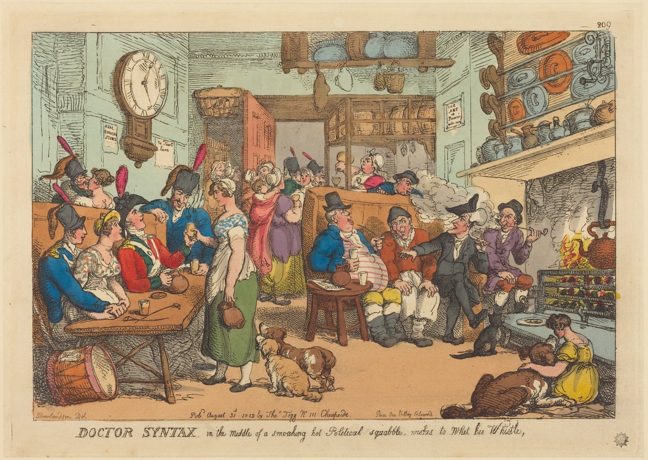 Doctor Syntax, die midden in een razend heet politiek geschil zit, wil even zijn dorst lessen door Thomas Rowlandson