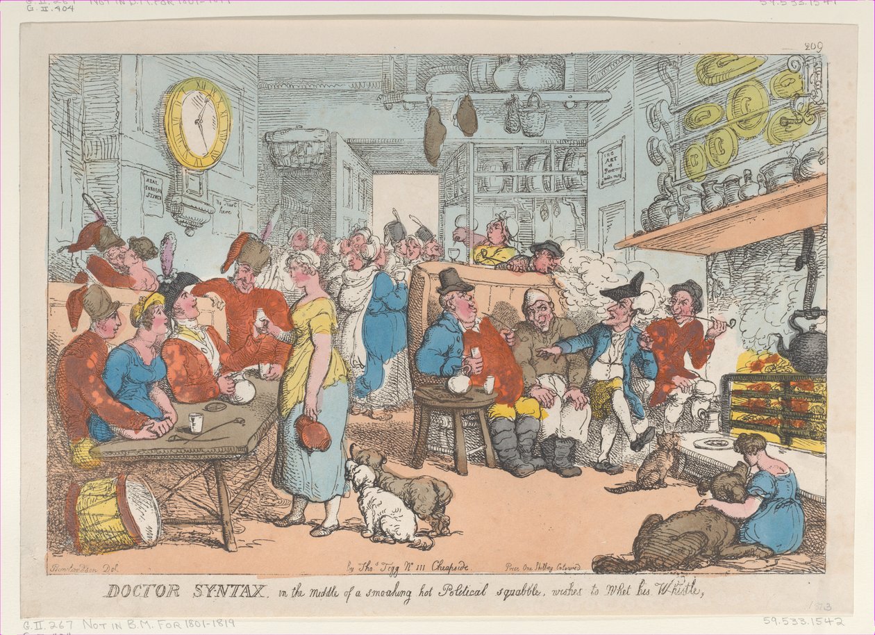 Doctor Syntax, midden in een verhitte politieke ruzie, wenst te vertrekken, 31 augustus 1813 door Thomas Rowlandson