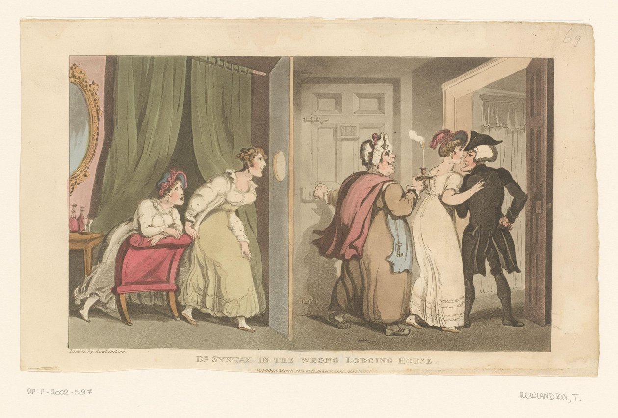 Doctor Syntax wordt door een deur geleid door twee vrouwen door Thomas Rowlandson