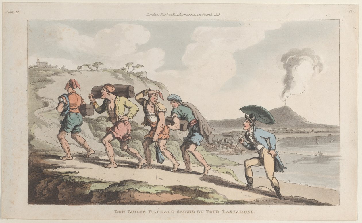 De bagage van Don Luigi in beslag genomen door vier Lazzaroni, uit Napels en de Campagna Felice..., 1 juni 1815 door Thomas Rowlandson