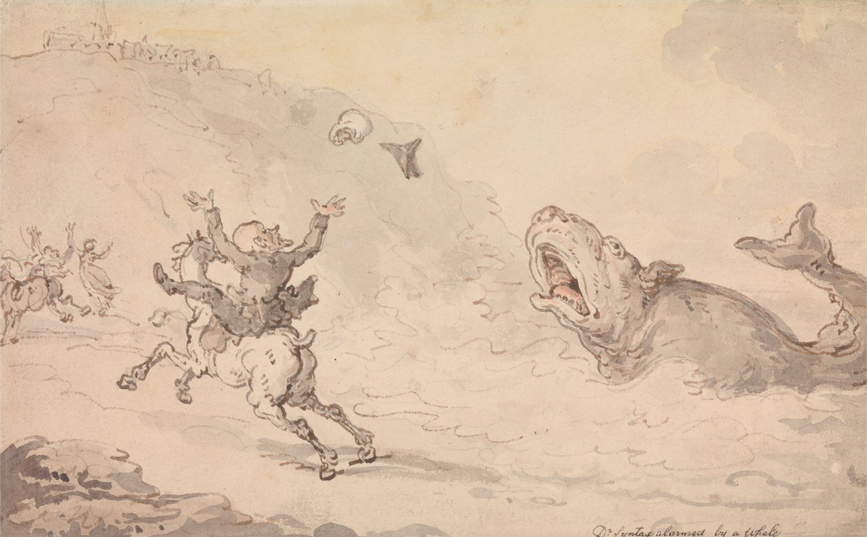 Dr. Syntax schrikt van een walvis door Thomas Rowlandson
