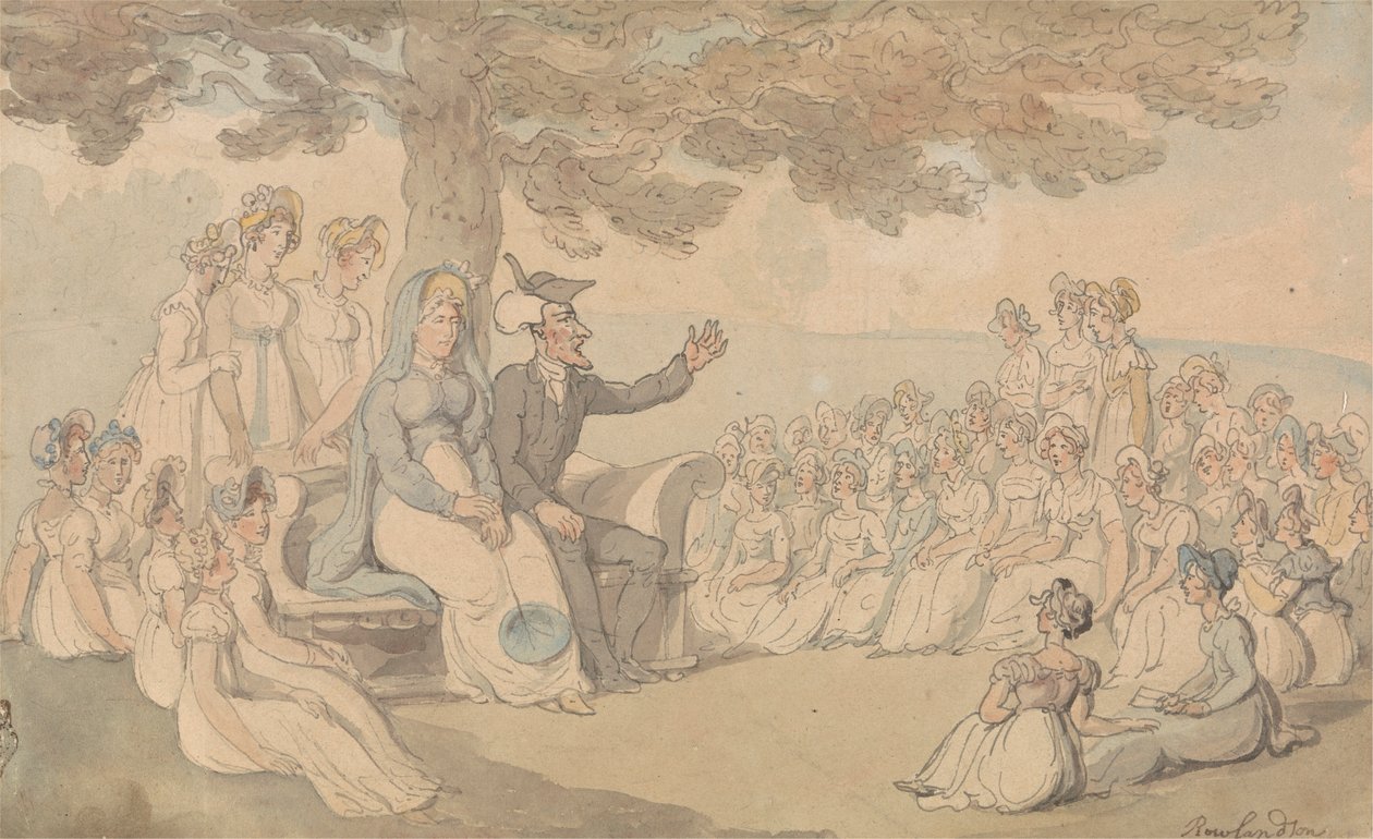 Dr. Syntax bezoekt een kostschool voor jonge dames door Thomas Rowlandson