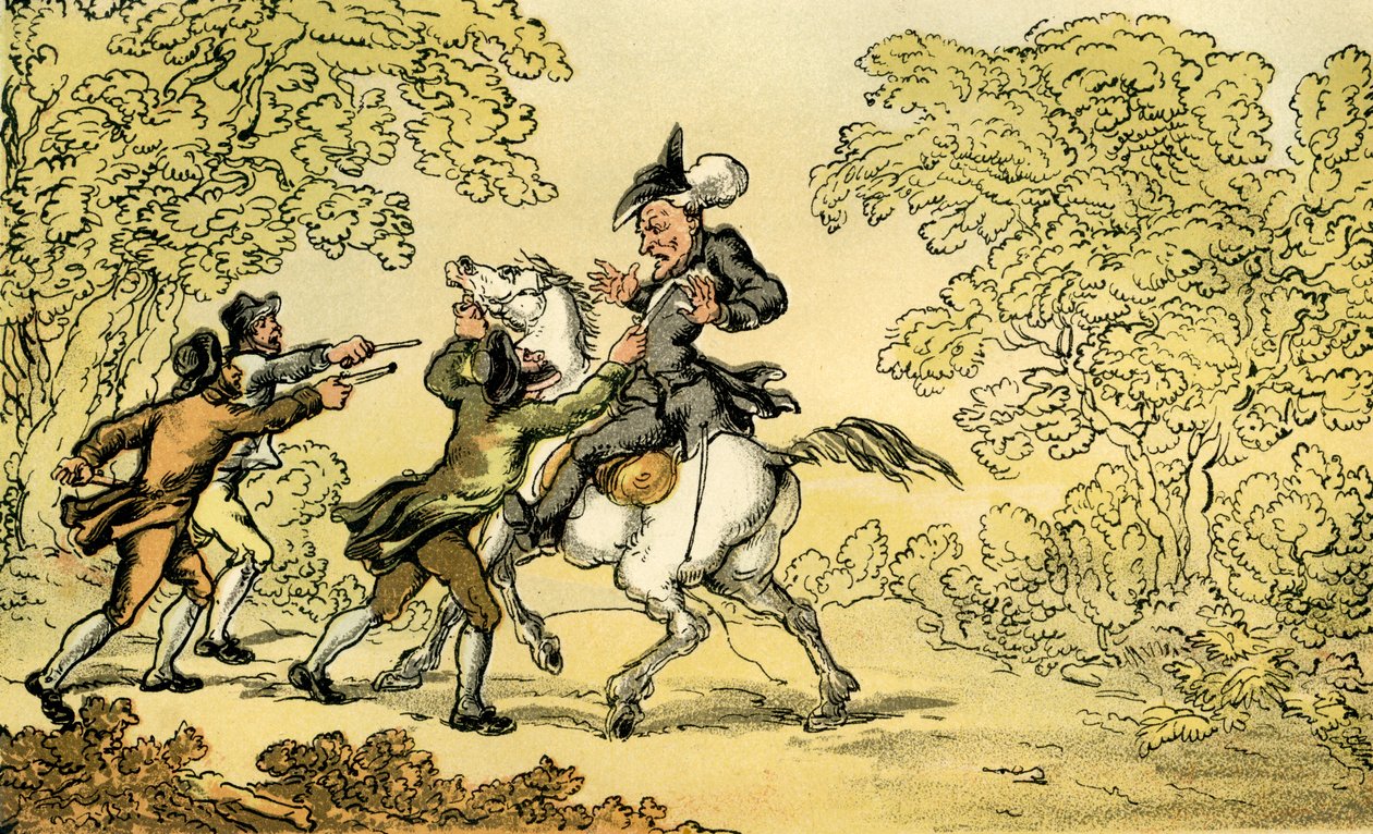 Dr. Syntax gestopt door struikrovers door Thomas Rowlandson